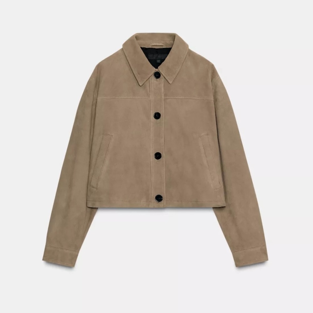Zara New 100% Leather Suede Collar Jacket Beige NWT - Picture 8 of 14